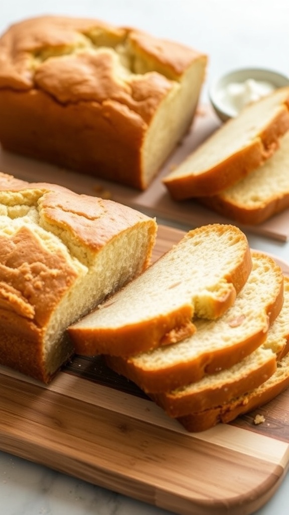 Sliced low carb yogurt bread on a wooden board, showcasing its moist texture, with Greek yogurt in the background.